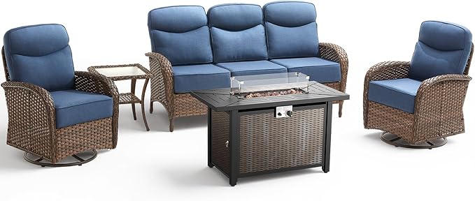 Luxury Patio Furniture Set with 42.5" Fire Pit Table, 6-Inch Thick Cushions Wicker Outdoor Furniture with High Back Swivel Patio Chairs Set of 2, Patio Conversation Set for Deck Garden Porch, Blue
