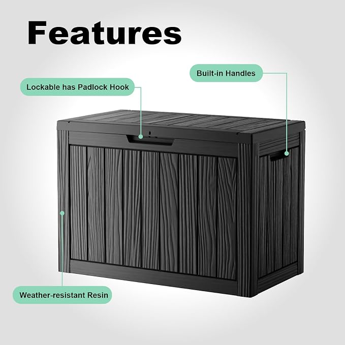 Deck Box Large Outdoor Storage for Patio Furniture,Outdoor Cushions,Garden Tools and Pool Supplies,Waterproof,Resin,Lockable (Black, 45 Gallon)