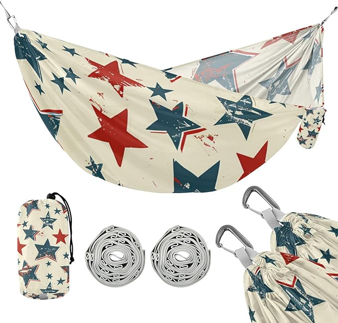 4th of July Independence Day Red and Blue Stars 330lb Capacity Camping Hammock with Tree Straps Tree Hammock for Outside Camping Essentials hamacas para Deck