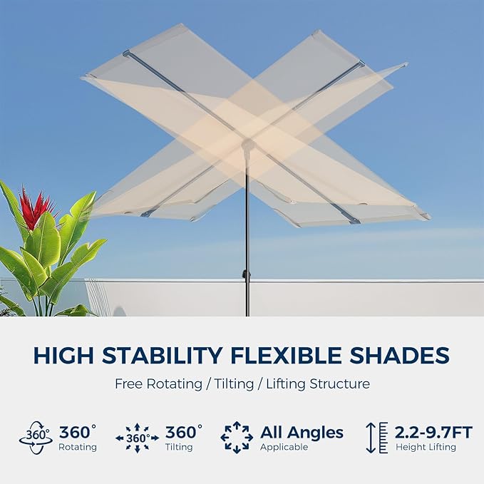 HOMSHADE 6x4ft Outdoor Balcony Umbrella - Flat Porch Pool Patio Umbrella Rectangular Canopy Shade UPF50+ UV Protection 360° Rotating & Tilting All Angles Applicable (Beige, No Base)