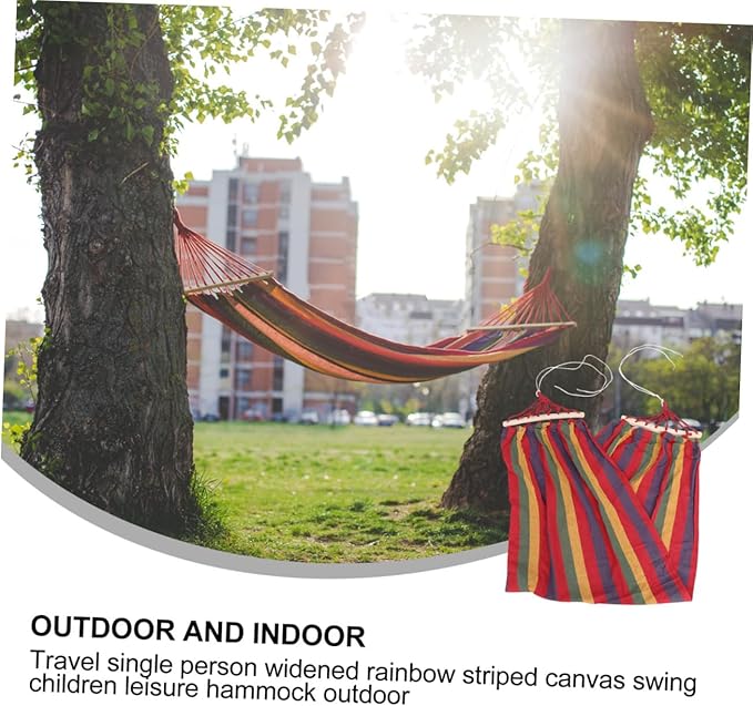 Luxshiny Single Person Canvas Hammock Rainbow Striped Outdoor Leisure Swing for Travel and Camping, Widened Anti-tip Design, Portable Patio Hanging Hammock