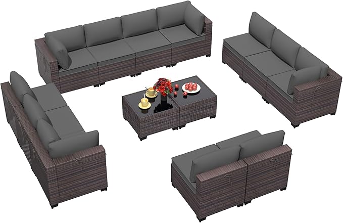 14 Pieces Outdoor Patio Furniture Set,Outdoor Sectional Furniture All Weather PE Rattan Wicker Patio Conversation Set with 2 Coffee Tables and 12 Thickened Cushions,Grey