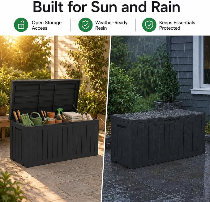 Outdoor Deck Patio Storage Box - 80 Gallon Resin Outside Storage Bin with Lid for Patio Cushions, Garden Tools, Pool Accessories & Backyard Toy Storage, Black
