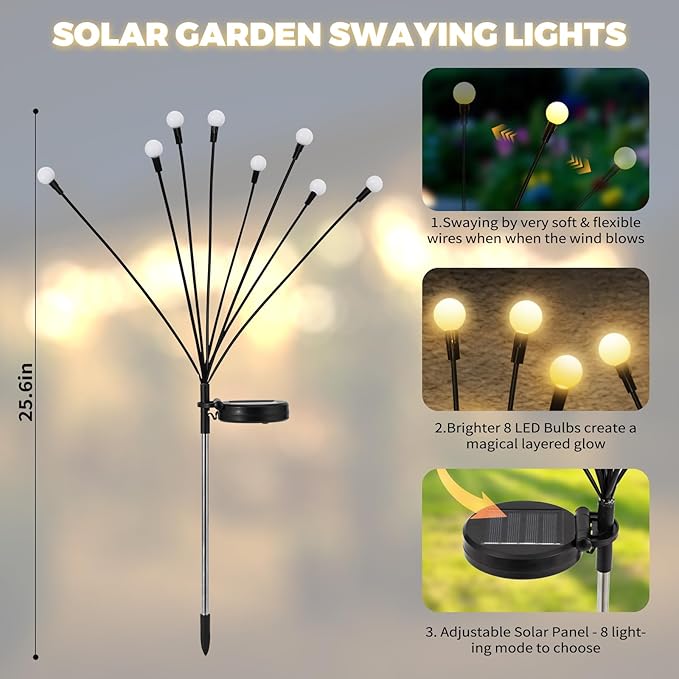 Solar Garden Lights – Swaying LED Solar Lights Outdoor Decorations, Waterproof Yard & Patio Lights with Flexible Iron Wire & Heavy Bulb Base for Garden Decor,Warm White (4 Pack)