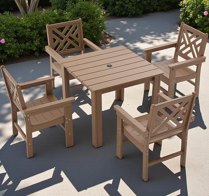 HDPE Outdoor Dining Set,5-Piece Outdoor Table and Chairs Include 4 Armchair Chairs and 32.5" Square Patio Dining Table with Umbrella Hole (Brown)
