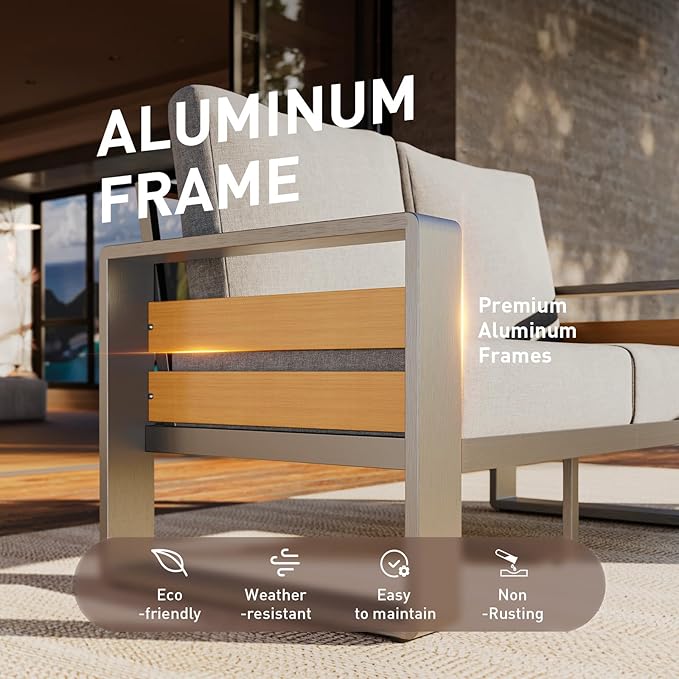 Aoxun Aluminum Patio Furniture Set, 4 Seats Luxury Metal Patio Conversation Sets with Coffee Table, Thick Cushions and Waterproof Cover, Modern Outdoor Furniture Set for Backyard/Poolside, Light Grey