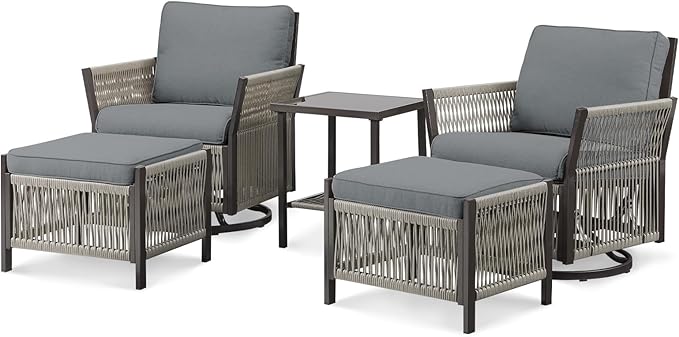 5 Piece Patio Bistro Furniture Set with Ottoman and Glass Side Table Swivel Rocker Glider Outdoor Chairs Set of 2, High Back Wicker Patio Conversation Set for Deck Porch Sunroom (Grey)