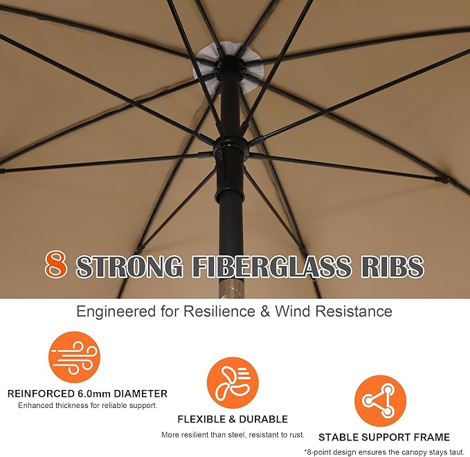 Blissun 6.5ft Patio Umbrella with Push Button Tilt & Height Adjustable, UV50+ Sun Protection with Sturdy Fiberglass Ribs & Iron Pole, Market Umbrella for Outdoor Table Garden Backyard Beach