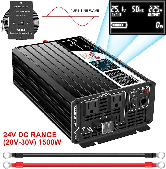 Xijia 1500W Pure Sine Wave Inverter，24V to 120V AC Converter for Home，Solar Systems，Remote and Bluetooth Control for Truck，Camping，with 2 AC Socket，Surge Power 3000W