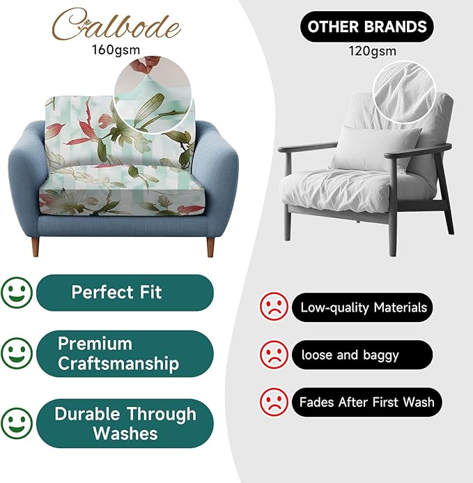 CALBODE 8Pcs Stretch Patio Cushion Cover, Striped Floral Pattern Couch & Sofa Slipcovers for Patio Furniture Cushions Washable Reusable Couch Covers Replacement for Spring Summer Autumn (Cover Only)