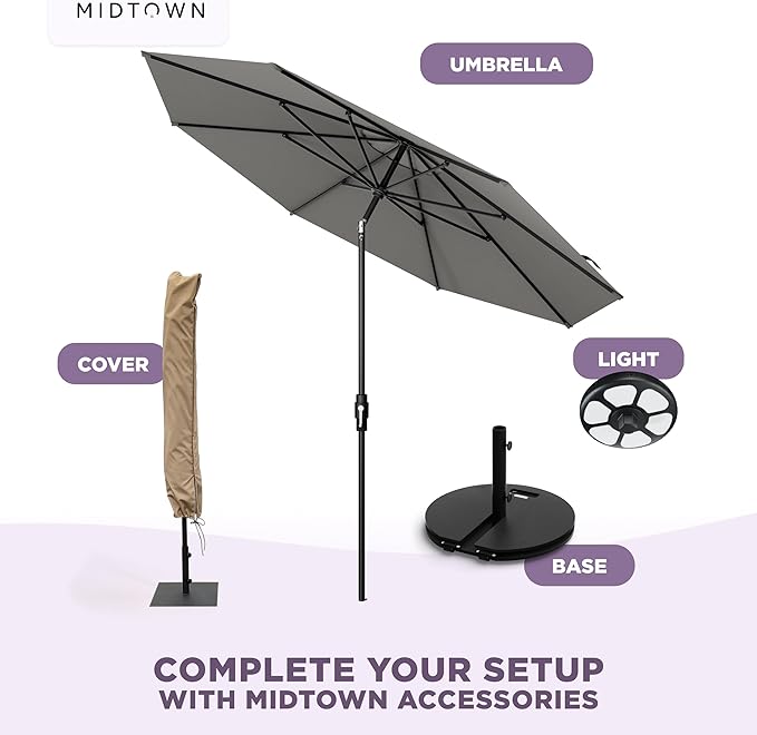 Midtown Umbrellas – The Swilt 10 Ft Patio Umbrellas with 360° Swivel & Tilt Mechanism, 8 Fiberglass Ribs & Terylast Polyester Fabric for Backyard, Deck, Pool & Cafes - Charcoal Canopy, Black Pole