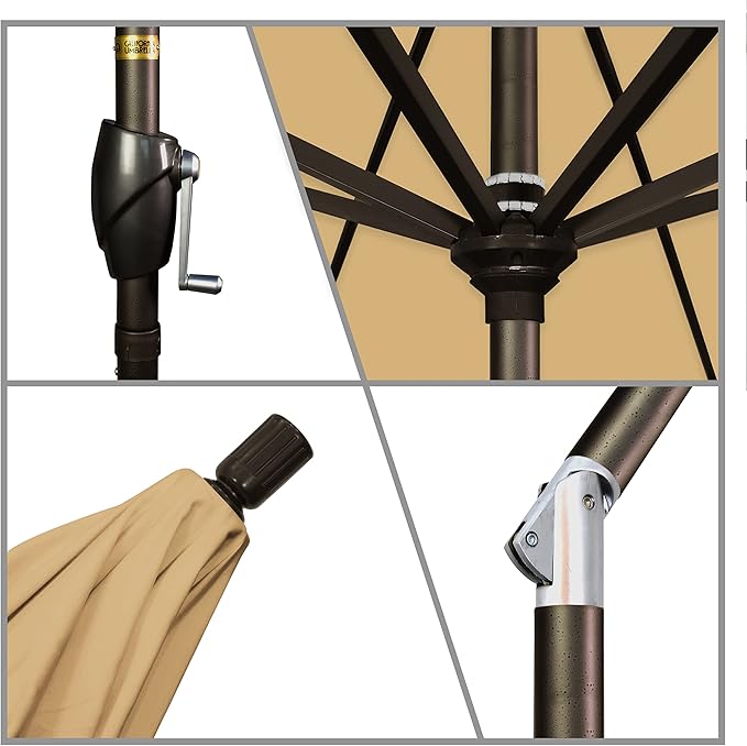 California Umbrella 7.5' Round Aluminum Market Umbrella, Crank Lift, Push Button Tilt, Bronze Pole, Canvas Wheat