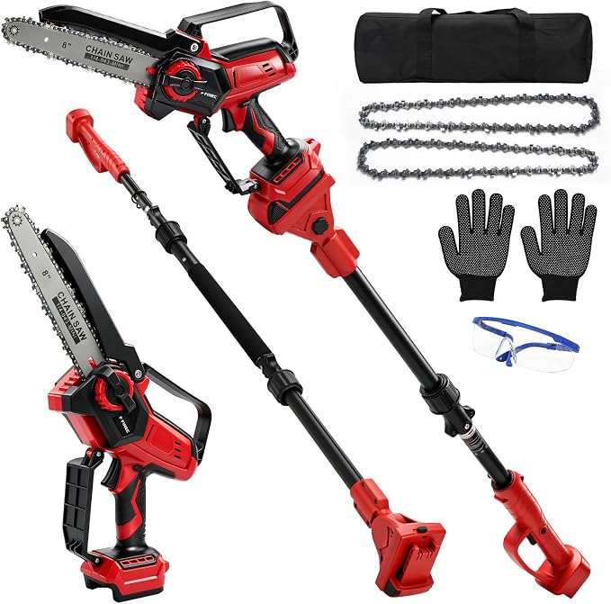 2-in-1 8 Inch Electric Pole Saw for Milwaukee 18V Battery, Brushless Cordless Mini Chainsaw with Extension Pole & 3 Chains, Auto Oiler, 14.5 FT Max Reach for Tree Trimming Branch Cutting (No Battery)