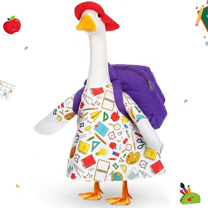 FuWeave Back to School Porch Goose Outfit Set for Plastic Statue Lawn Porch Goose Clothes with Schoolbag for Patio Decor