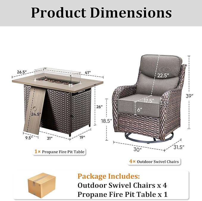 Luxury High Back Patio Furniture Set Fire Pit Table with 6-Inch Thick Cushions, 5-Pieces Outdoor Furniture w/ 4 Swivel Chairs, Wicker Conversation Set for Porch, Balcony, Deck and Yard, Brown/Grey