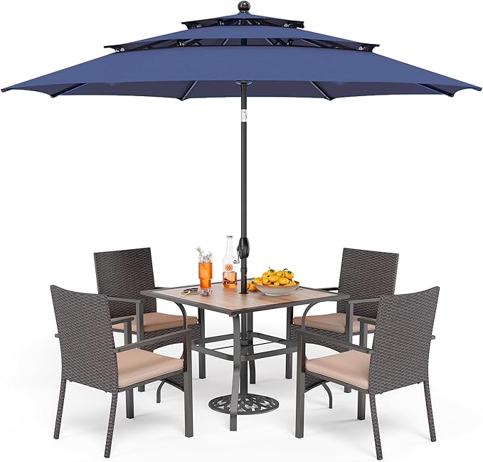 PHI VILLA 5 Pieces Outdoor Dining Set with Umbrella for 4, 37" Square Metal Polywood Table & Cushioned Wicker Rattan Chairs & 10ft Red Umbrella Furniture for Patio, Deck, Yard, Porch