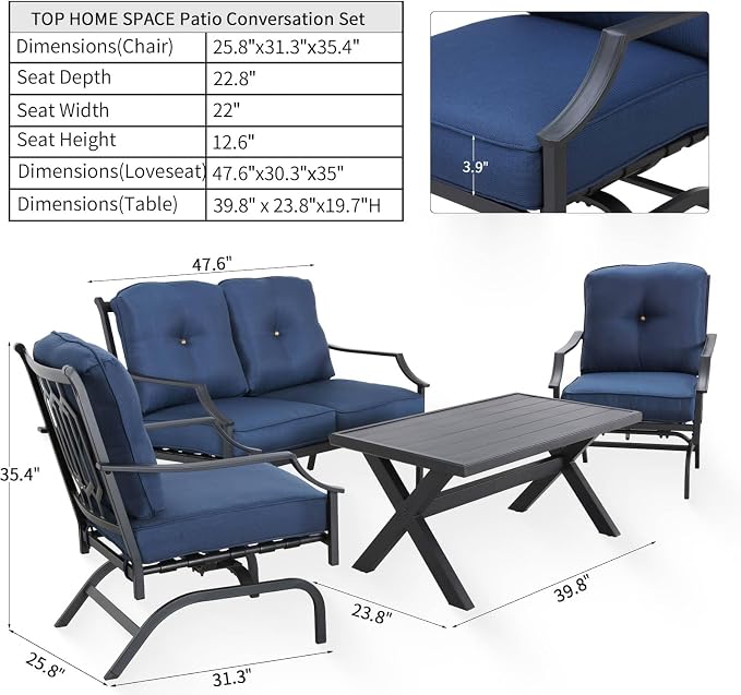 Patio Conversation Set 4 Pieces Metal Outdoor Furniture Sets Outside Loveseat with Rocking Chairs Coffee Table Thick Cushions (Blue)