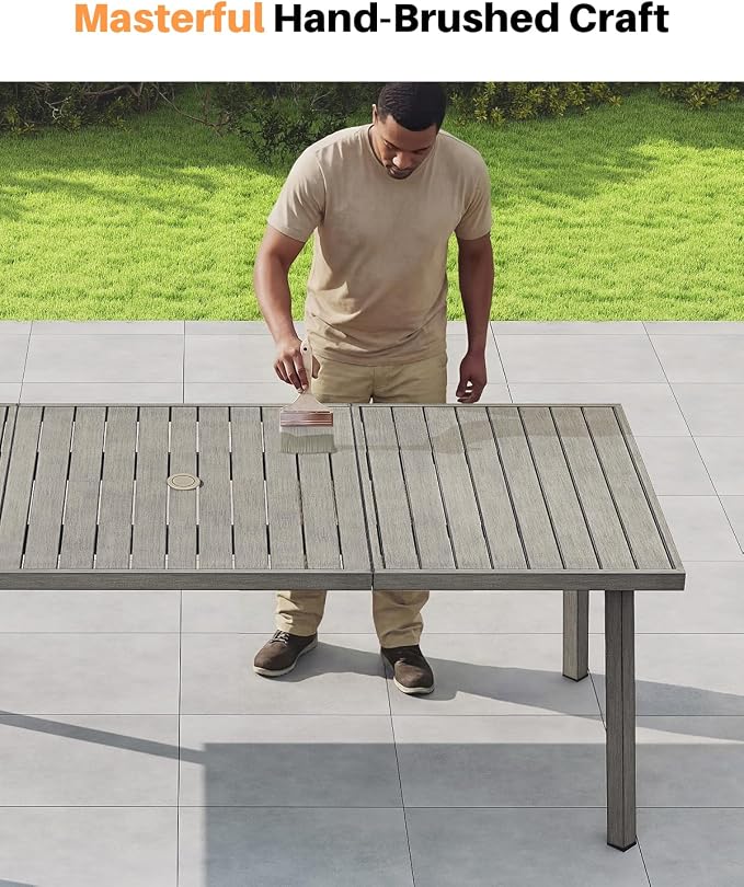Outdoor Dining Table for 8, Never-Rust Aluminum Patio Dining Table, 82"×35" Large Rectangle Patio Table with Umbrella Hole, Outdoor Table with Wood-Like Texture for Deck, Porch, Gray Oak