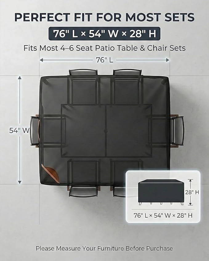 Outdoor Patio Furniture Cover Rectangular, Heavy Duty 600D Waterproof Cover for Table & Chair Set, Windproof, UV Resistant, All-Season Protection for Backyard,Deck & Garden,76" L x 54" W x 28" H,Black