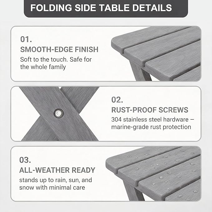 Folding Outdoor Side Table,Small HDPE Patio Table,All-Weather Compact Portable End Table for Patio,Porch,Pool,Grey,11.8" D x 15.7" W x 15.7" H