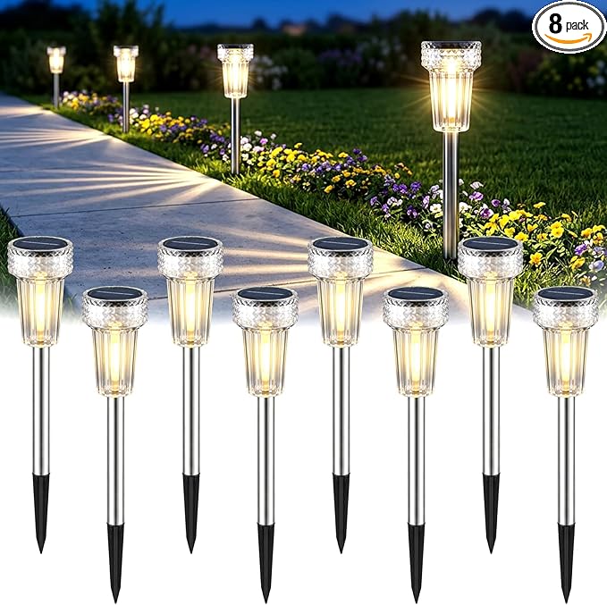 Mancra Solar Lights Outdoor Waterproof, 8 Pack Stainless Steel Tungsten Bulb Solar Pathway Lights Waterproof Garden Decor for Path Yard Lawn Walkway Driveway