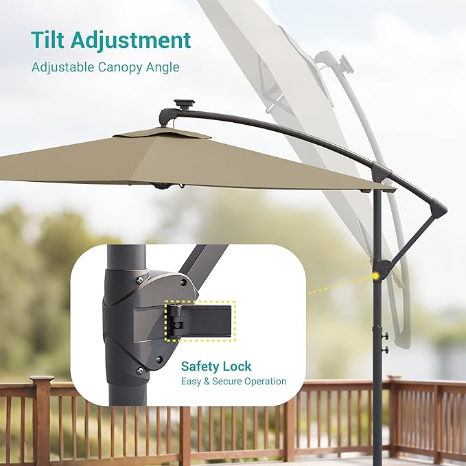 10ft Offset Patio Umbrella with Solar Light Strips,Outdoor Cantilever Hanging Umbrella with Cross Base, Fade Resistant Recycled Fabric, for Pool, Deck, Garden,Backyard,