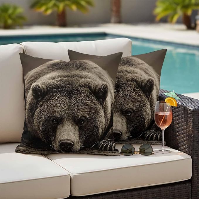 Waterproof Pillow Covers Set of 2,Rustic Brown Grizzly Bear Outdoor Pillow Protectors with Zipper Pillowcases for Patio Tent Garden Beach 20x20 Inches Abstract Forest Wildlife Animal