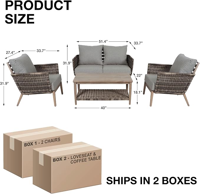 4-Piece Wicker Steel Outdoor Conversation Set, Patio Furniture Set with Coffee Table and Removable Grey Cushions, Modern Sectional Sofa for Backyard, Garden & Lawn