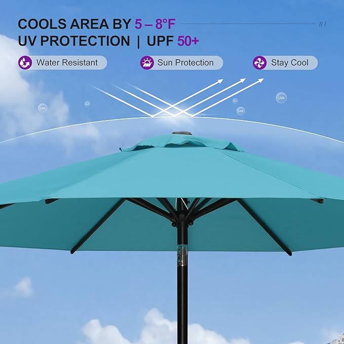 PURPLE LEAF 10' Round Patio Umbrella Outdoor Table Umbrella Aluminum Frame Market Umbrella with 8 Sturdy Ribs & Tilt for Garden Deck Lawn Pool Turquoise Blue