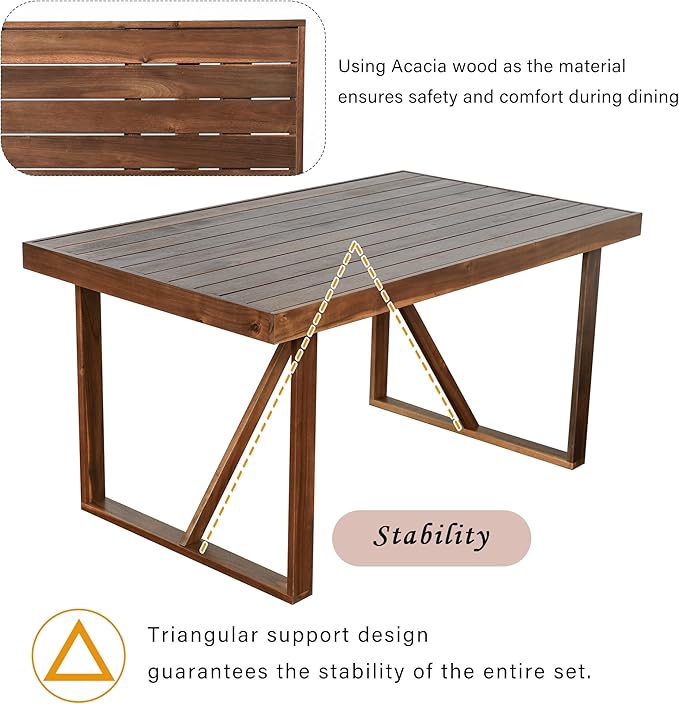 LUMISOL 6 Piece Patio Conversation Furniture Set, 6-Piece Outdoor Table Set with 4 Chairs and 1 Bench for 6 Persons, Acacia Wood Outdoor Table and Chair Set for Patio Balcony Backyard, Brown