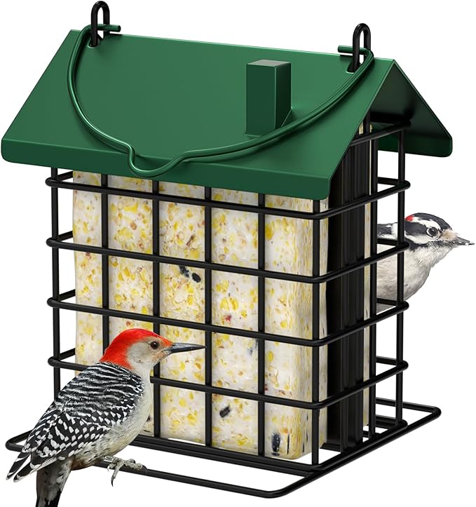 Gbekery All-Metal Double Suet Bird Feeder for Outdoors Hanging, Suet Cake Cage Holder with Weather-Resistant Roof & Perch for Outside Garden, Green