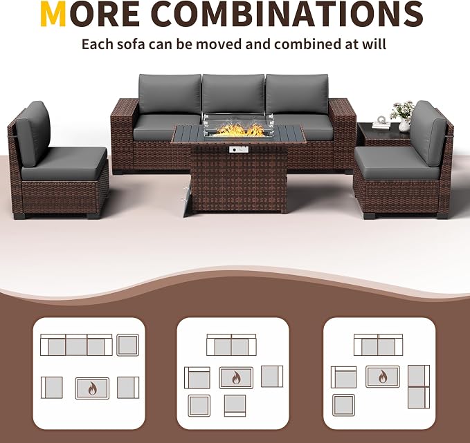 Patio Furniture with Fire Pit Table,8‘’ Wide armrest Outdoor Sectional Rattan Sofa Set, Wicker Patio Furniture Sets w/Coffee Table,Thick Cushions and Cover for Porch, Balcony,7PC (Brown&Grey)