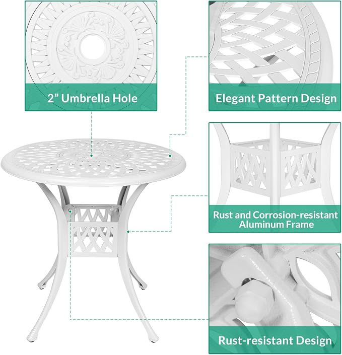 VIVIJASON 3-Piece Patio Bistro Set, Outdoor All-Weather Cast Aluminum Furniture Dining Set, Include 2 Swivel Rocker Chairs and 31" Round Table w/Umbrella Hole for Balcony, Lawn, Garden, White