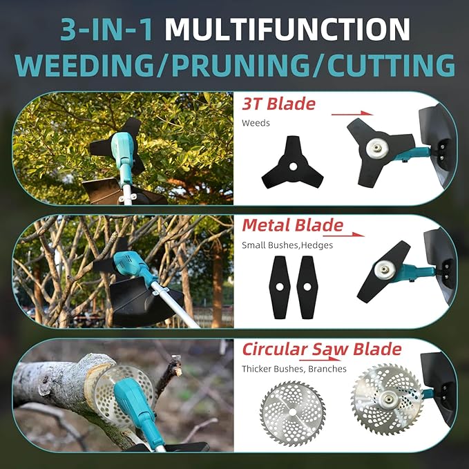 3- in-1 Electric Weed Eater, Brushless Weed Wacker Cordless, Brush Cutter with 2Pcs 4.0Ah Batteries, 1200W Motor, 6 Blades, Battery Powered Grass/String Trimmer Lawn for Yard and Garden