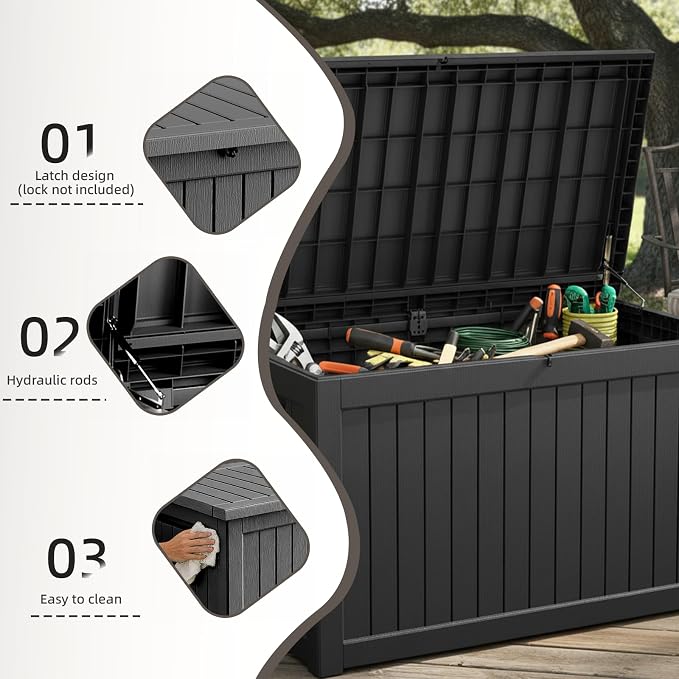 260 Gallon Outdoor Deck Storage Box, Heavy Duty All Weather Vertical Wood Grain Lockable Storage Container for Backyard, Poolside & Large Patio Outdoor Supplies (Black,260GAL)
