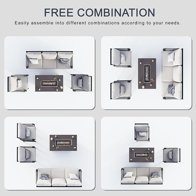 4 Pieces Patio Furniture Set, Metal Outdoor Conversation Sets with Fire Pit Table for Backyard Garden Deck Porch Poolside (Thick Beige Cushions)