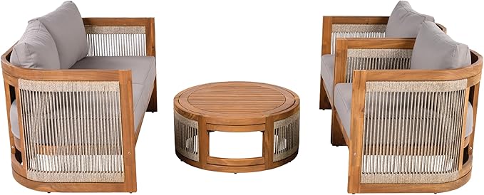 Acacia Wood Outdoor Furniture Set, 4-Piece Patio Seating Group with 2 Chairs, Loveseat & Coffee Table, Curved Tub Design with Woven Rope Accents, Water-Resistant Cushions (Grey,Teak//51)
