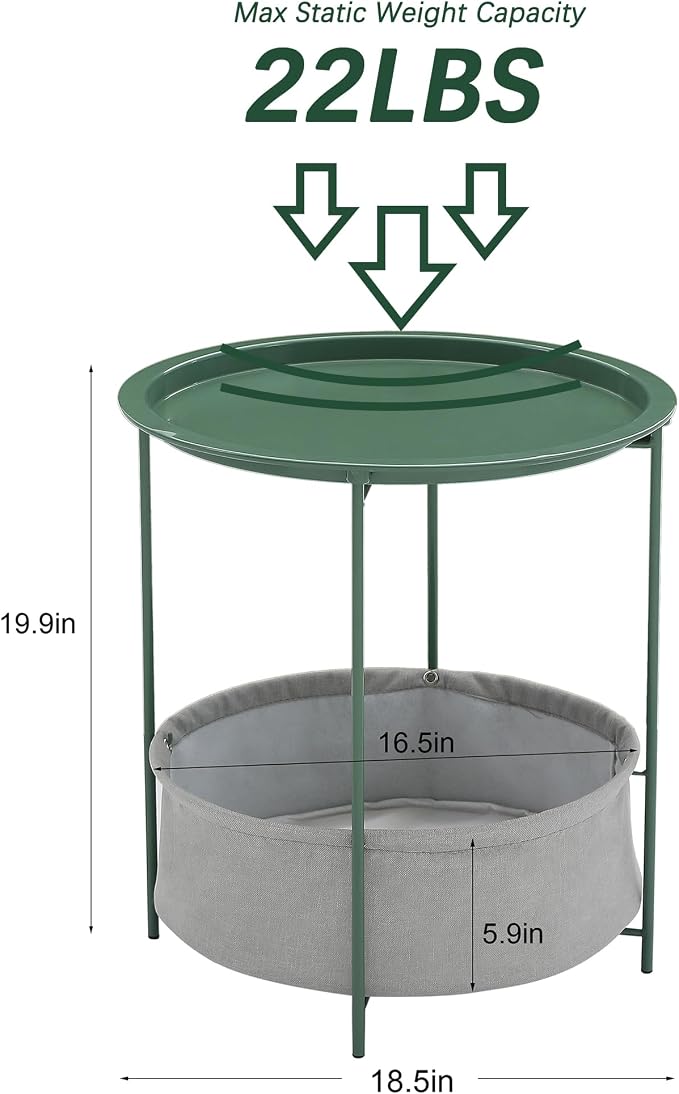 VECELO Round Side/End Table with Fabric Storage Basket，Metal Anti-Rust and Waterproof Small Bedside Nightstand with Removable Tray Top for Living Room，Balcony & Laundry，Dark Green /2pcs with Basket