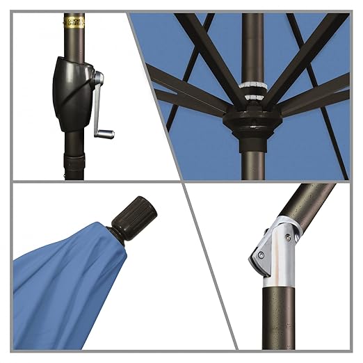 California Umbrella 9' Round Aluminum Patio Umbrella, Crank Lift, Push Button Tilt, Bronze Pole, 4-Year Non-Fading Fabric, Capri
