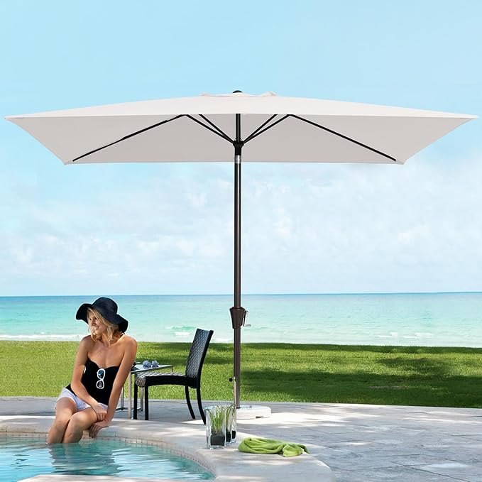 JEAREY 6.5x10ft Olefin Rectangular Patio Umbrella, Rectangle Outdoor Umbrellas with Auto Tilt Crank System, Market Table Umbrella UV Protection Fade-Resistant for Pool Deck Garden Yard, Foggy Gray