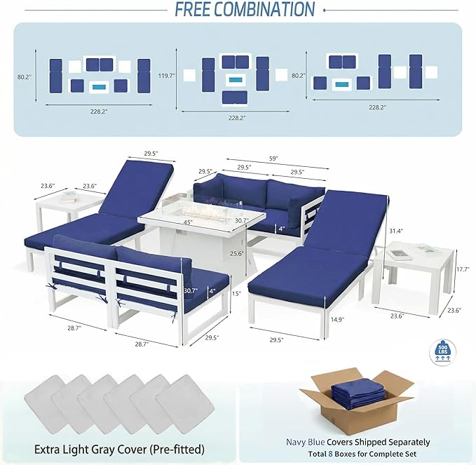 NICESOUL Extra Large Luxury Aluminum Outdoor Sectional Sofa with Chaise, Weather Resistant Modular Patio Furniture Set for 6 People, 500 lbs Heavy Duty Conversation Couch for Poolside Deck, Navy Blue