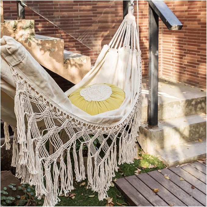 Swing Set Upholstery Hammock, Hammock for 2, Bohemian Style, Brazilian Lace Fringe, Carrying 250kg, Canvas Swing Chair, Indoor Hanging Swing Swing Seat (Color : Single Hammock Lace)