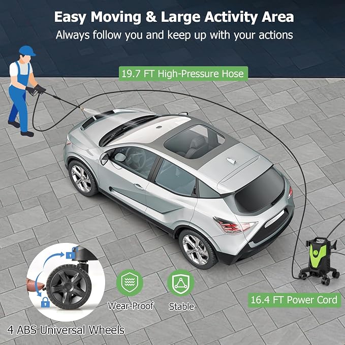 COSTWAY Electric Pressure Washer with 4 Universal Wheels, 2400 PSI High Pressure Cleaner Machine with 4 Nozzles and Soap Bottle, 1.7 GPM Portable Washer for Car, 3 Self-Priming Ways (Green+Black)