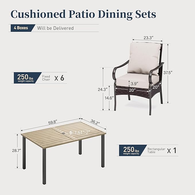 SUNSHINE VALLEY 7 Piece Patio Dining Sets for 6, Outdoor Table and Chairs with Cushioned Wicker Patio Dining Chairs & Wood-Like Dining Table (1.61-2”Umbrella Hole), Outdoor Dining Sets for Backyard