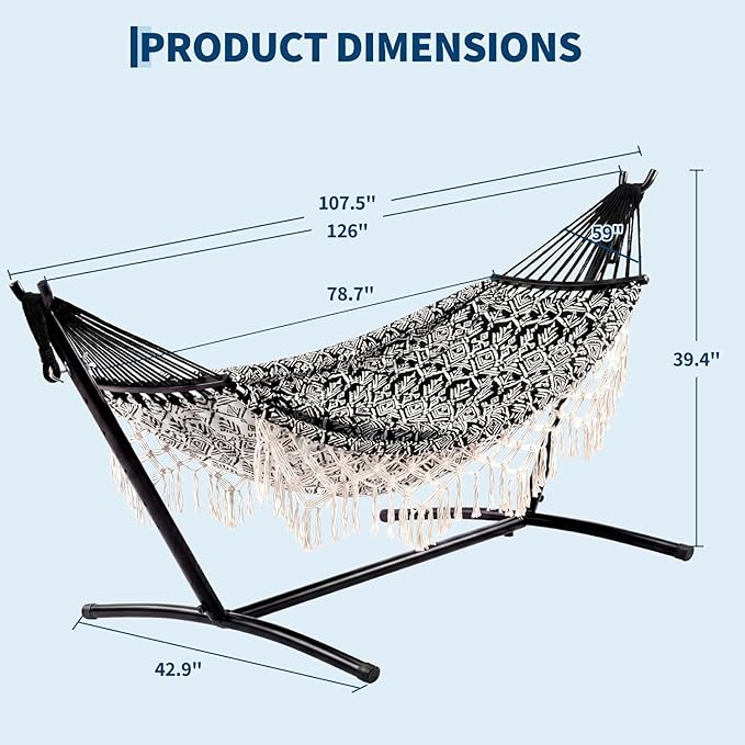 Portable Double Hammock with Stand, 450 lb Capacity Heavy Duty 2-Person Hammock Bed with Decorative Lace, Large Comfortable Outdoor Hammock for Patio, Backyard, Poolside, Easy Tool-Free Assembly