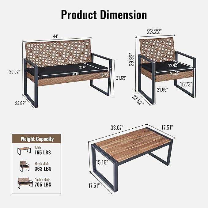 Outdoor Patio Furniture Set, 4 Piece Rattan Chairs with Coffe Table for Backyard, Balcony, Deck, Front Porch, Patio Conversation Seating Sets for Outside, Juego Muebles de Exterior(Light Brown)