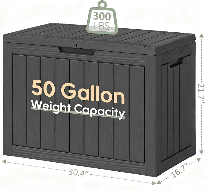 Outdoor Storage Box, Resin Deck Boxes Indoor and outdoor, Waterproof Storage Box Lockable Lid (Black, 50 Gallon)