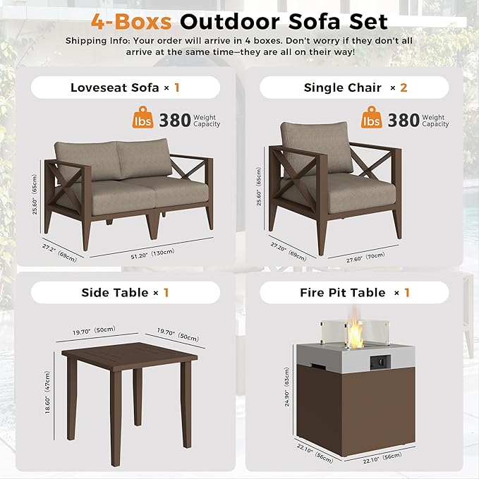 Aluminum 4-Seats Outdoor Patio Furniture Set with Fire Pit, Sectional Conversation Sofa Set with 5.2" Thick Cushions & Coffee Table,Rust-Resistant Frame Seating Sofa for Porch, Garden, Backyard, Brown