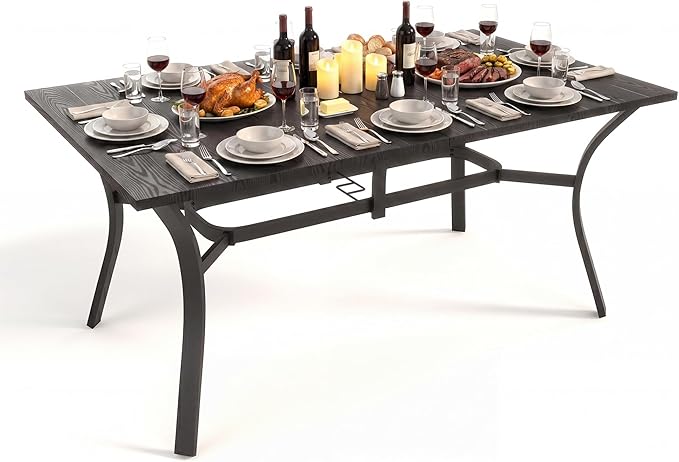 Patio Outdoor Dining Table, Wood-Grain Patio Table with Umbrella Hole, All-Weather Metal Dining Table for Party, Lawn & Garden (63“ x 37.8”) Black