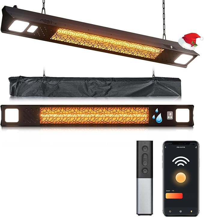Wall-Mounted Electric Heater Hanging Patio with Light Ceiling Outdoor, 1500W Infrared 9 Heat Levels, 24H Timers, 1s Heating Carbon Fiber Tube Wall Heater for Backyard, Garage